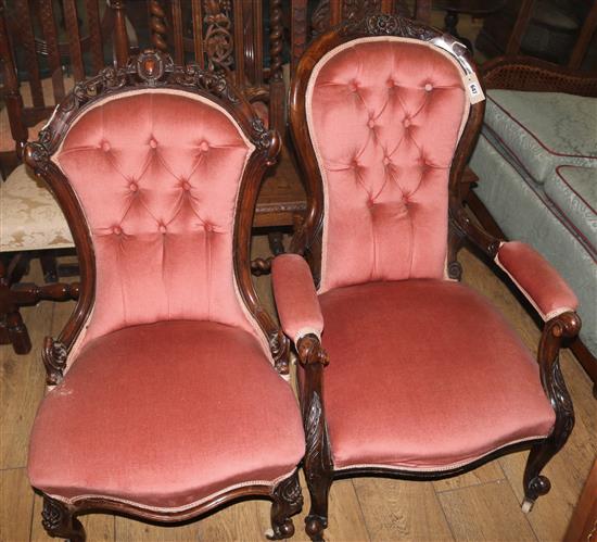 A Victorian mahogany buttonback elbow chair and a similar nursing chair